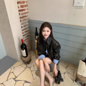 Jachetă de piele cu fermoar, PU imitație piele, guler pătrat, croială lejeră (Toamnă 2025)