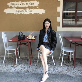 Jachetă de piele cu fermoar, PU imitație piele, guler pătrat, croială lejeră (Toamnă 2025)