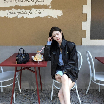 Jachetă de piele cu fermoar, PU imitație piele, guler pătrat, croială lejeră (Toamnă 2025)