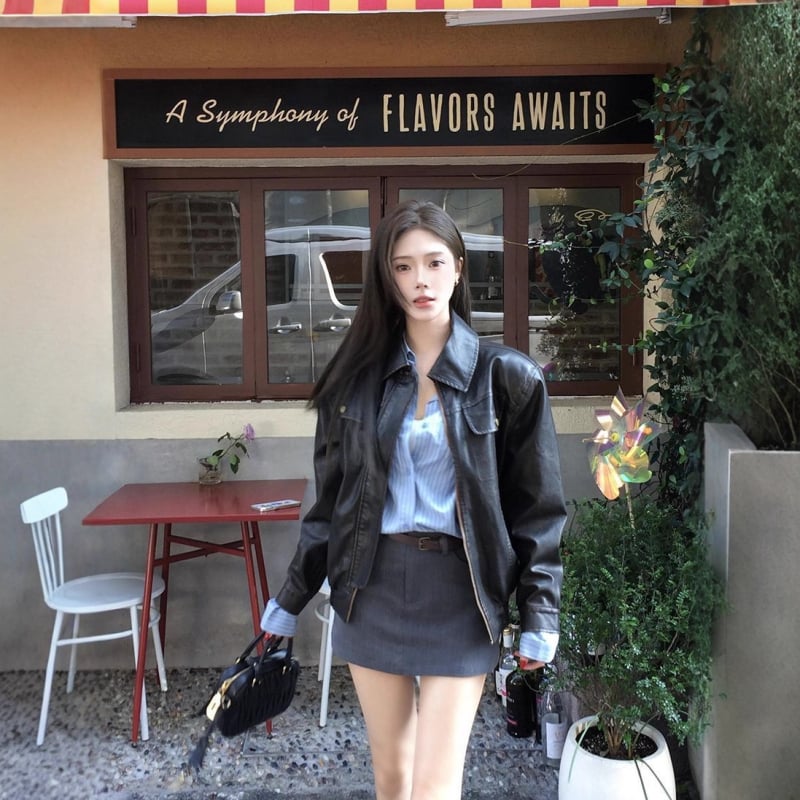 Jachetă de piele cu fermoar, PU imitație piele, guler pătrat, croială lejeră (Toamnă 2025)