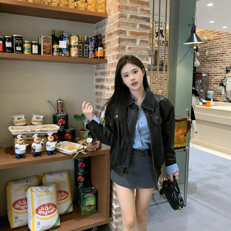 Jachetă de piele cu fermoar, PU imitație piele, guler pătrat, croială lejeră (Toamnă 2025)