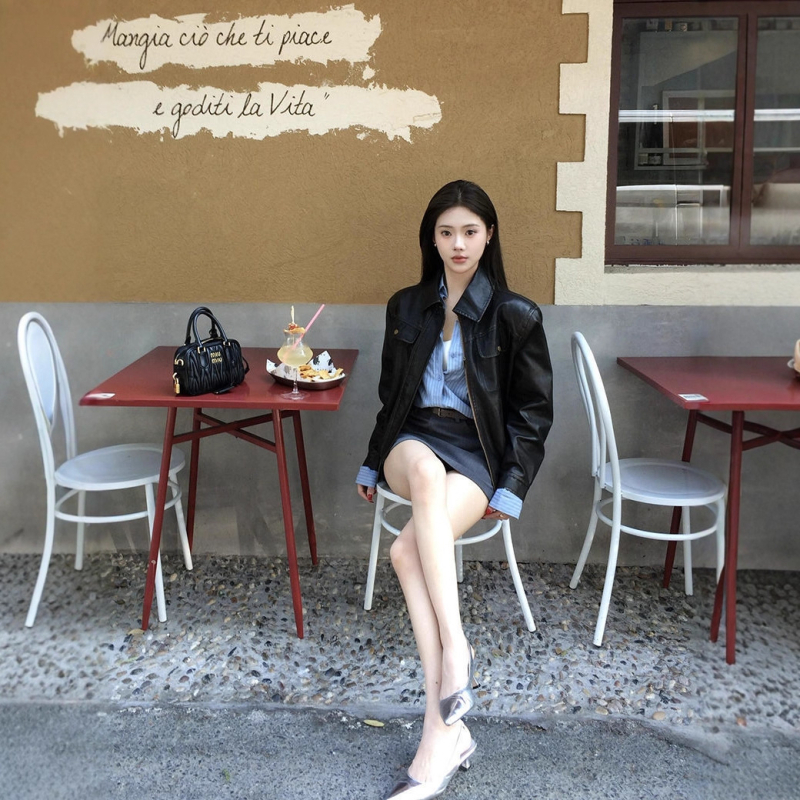 Jachetă de piele cu fermoar, PU imitație piele, guler pătrat, croială lejeră (Toamnă 2025)