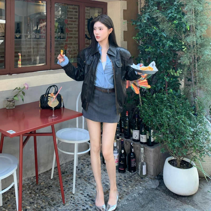 Jachetă de piele cu fermoar, PU imitație piele, guler pătrat, croială lejeră (Toamnă 2025)