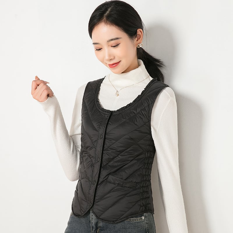 Ženska vesta s punjenjem od guščjeg downa, Slim fit, Chanel stil, poliester – Zima 2025
