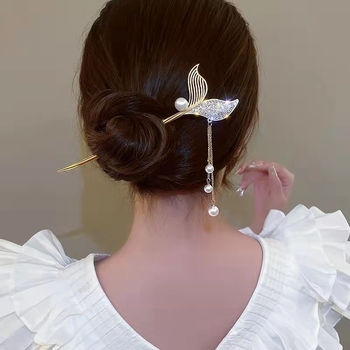 Clamă metalică pentru păr cu ciucuri în formă de coadă de pește, stil luxos, funda, placare electroplată