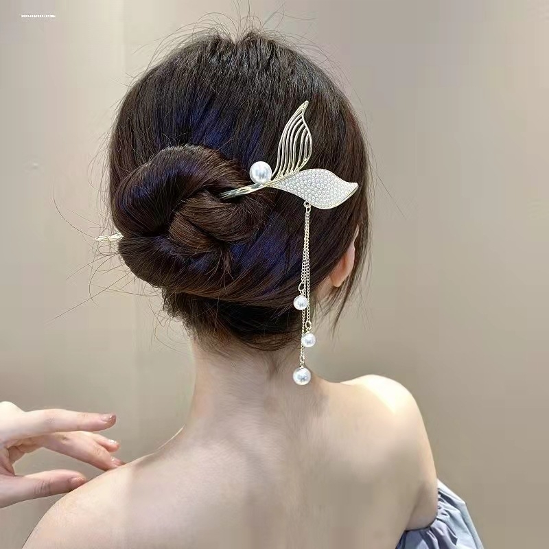 Clamă metalică pentru păr cu ciucuri în formă de coadă de pește, stil luxos, funda, placare electroplată