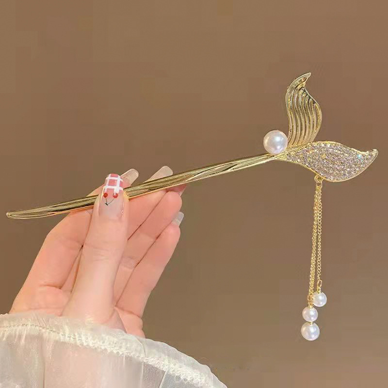 Clamă metalică pentru păr cu ciucuri în formă de coadă de pește, stil luxos, funda, placare electroplată