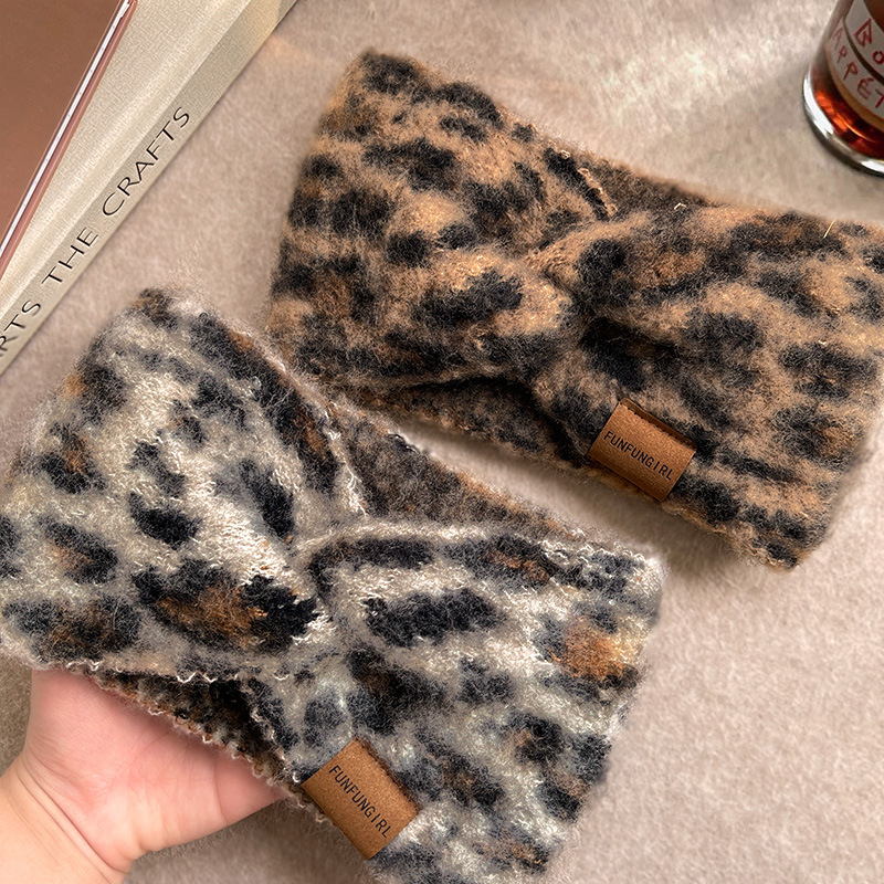 Pletena traka za čelo s leopardnim uzorkom, za pranje lica, za žene, jesen-zima, topla, široki rub