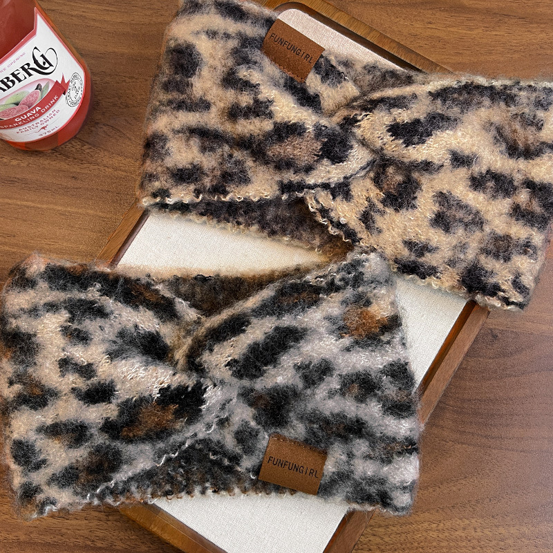 Pletena traka za čelo s leopardnim uzorkom, za pranje lica, za žene, jesen-zima, topla, široki rub