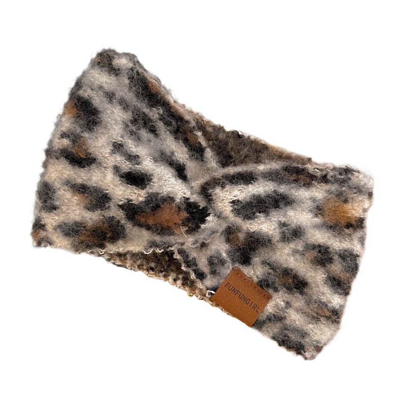 Pletena traka za čelo s leopardnim uzorkom, za pranje lica, za žene, jesen-zima, topla, široki rub