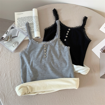 Ženski bezruk gornji dio s flisom, čipkastim umetkom, dvostrukim slojem najlona, V-izrez