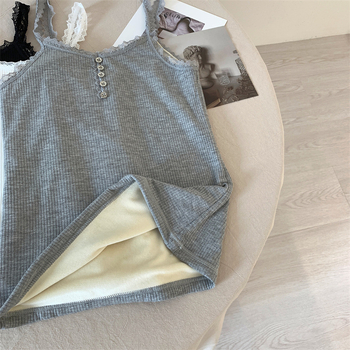 Ženski bezruk gornji dio s flisom, čipkastim umetkom, dvostrukim slojem najlona, V-izrez