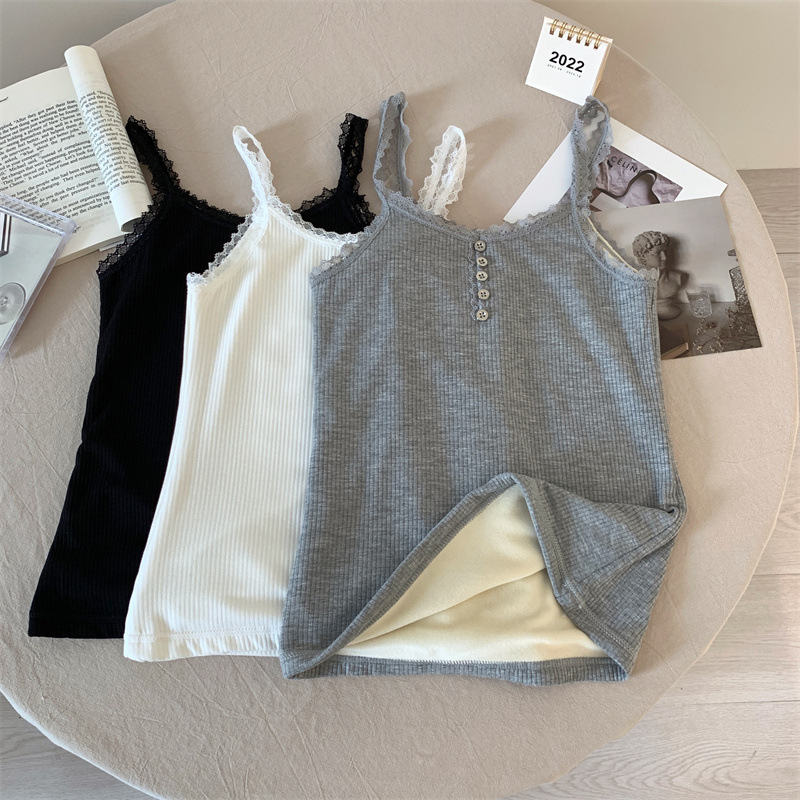 Ženski bezruk gornji dio s flisom, čipkastim umetkom, dvostrukim slojem najlona, V-izrez