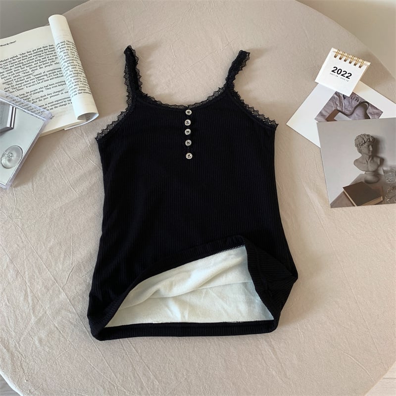 Ženski bezruk gornji dio s flisom, čipkastim umetkom, dvostrukim slojem najlona, V-izrez