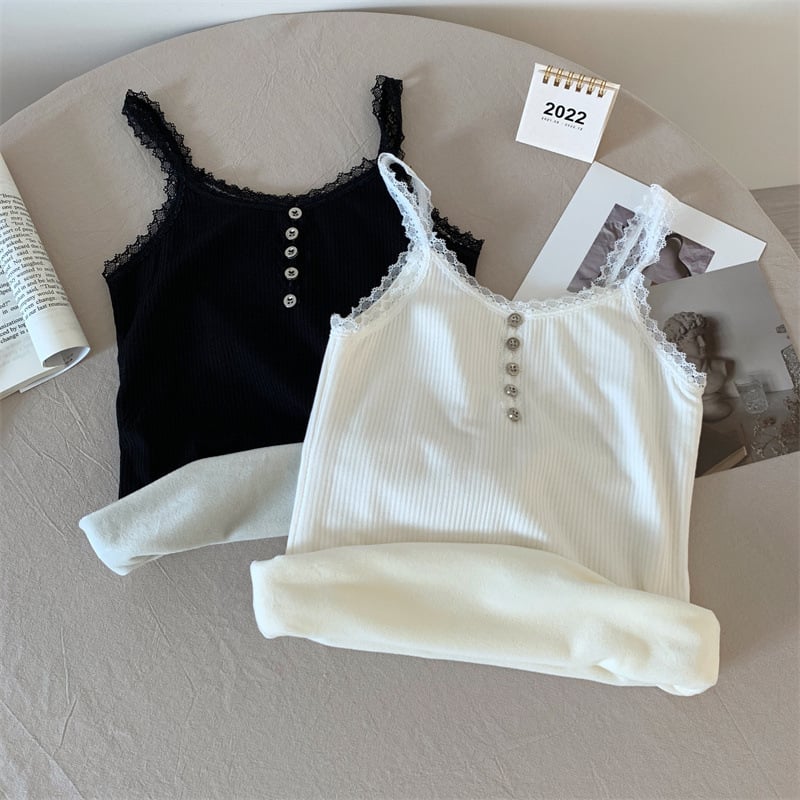 Ženski bezruk gornji dio s flisom, čipkastim umetkom, dvostrukim slojem najlona, V-izrez