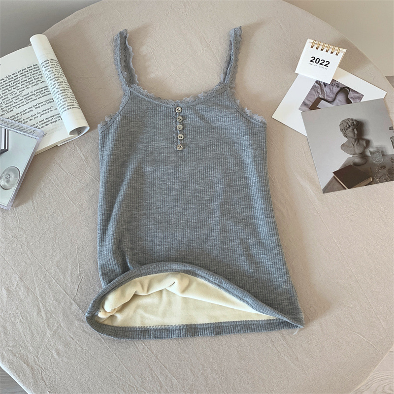 Ženski bezruk gornji dio s flisom, čipkastim umetkom, dvostrukim slojem najlona, V-izrez