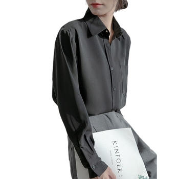 Ženska košulja od šifona, dugi rukav, polo ovratnik, jednobojna, 70–80% poliester i <30% spandex