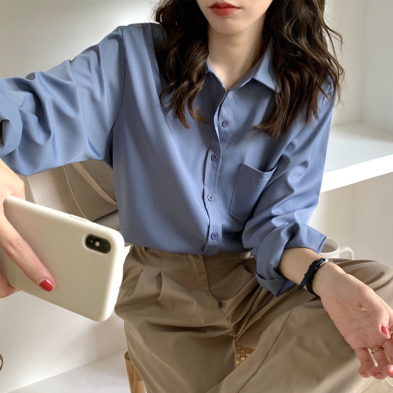 Ženska košulja od šifona, dugi rukav, polo ovratnik, jednobojna, 70–80% poliester i <30% spandex