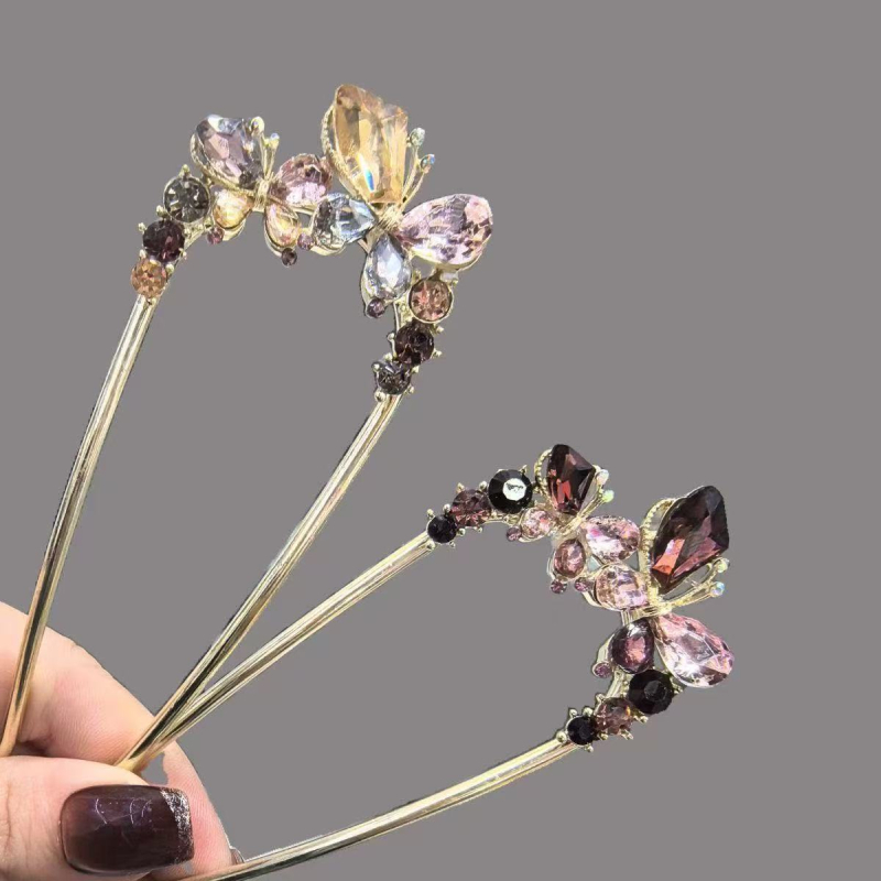 Hajcsat ötvözetből kristályos pillangóval, U‑alakú hátsó dizájn a tarkónál, ametiszt kristály, elektroplakolt felület, természetes nőies stílus, Eagle Eye, Tavasz 2025