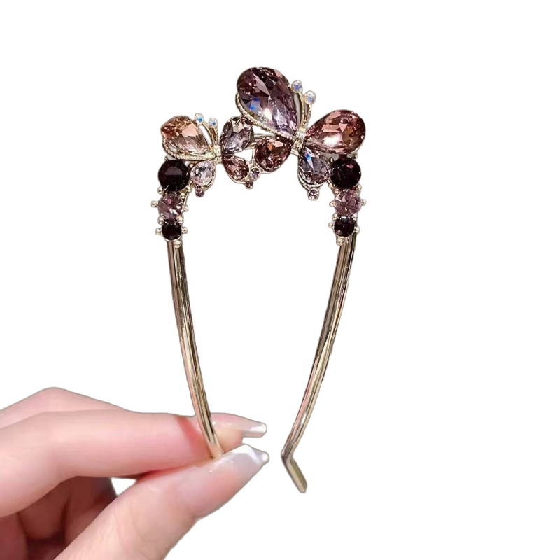 Hajcsat ötvözetből kristályos pillangóval, U‑alakú hátsó dizájn a tarkónál, ametiszt kristály, elektroplakolt felület, természetes nőies stílus, Eagle Eye, Tavasz 2025