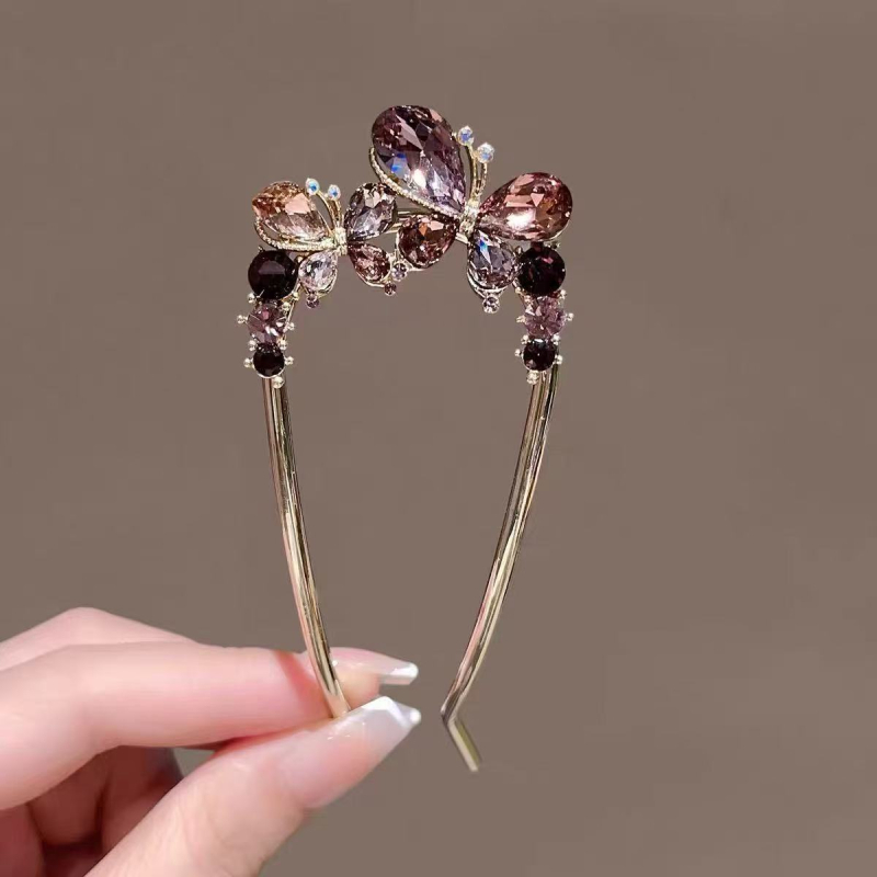 Hajcsat ötvözetből kristályos pillangóval, U‑alakú hátsó dizájn a tarkónál, ametiszt kristály, elektroplakolt felület, természetes nőies stílus, Eagle Eye, Tavasz 2025