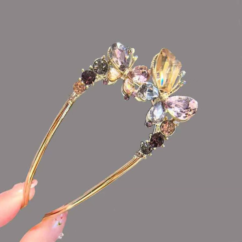 Hajcsat ötvözetből kristályos pillangóval, U‑alakú hátsó dizájn a tarkónál, ametiszt kristály, elektroplakolt felület, természetes nőies stílus, Eagle Eye, Tavasz 2025