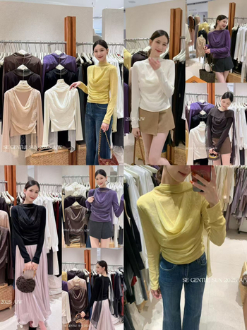 Poliesterski pleteni top s šifonskim ovratnikom, jednobojni uzorak, uski kroj, dugi rukavi