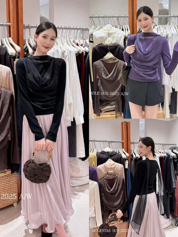 Poliesterski pleteni top s šifonskim ovratnikom, jednobojni uzorak, uski kroj, dugi rukavi