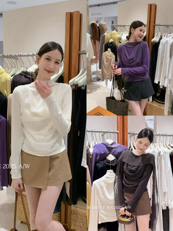 Poliesterski pleteni top s šifonskim ovratnikom, jednobojni uzorak, uski kroj, dugi rukavi