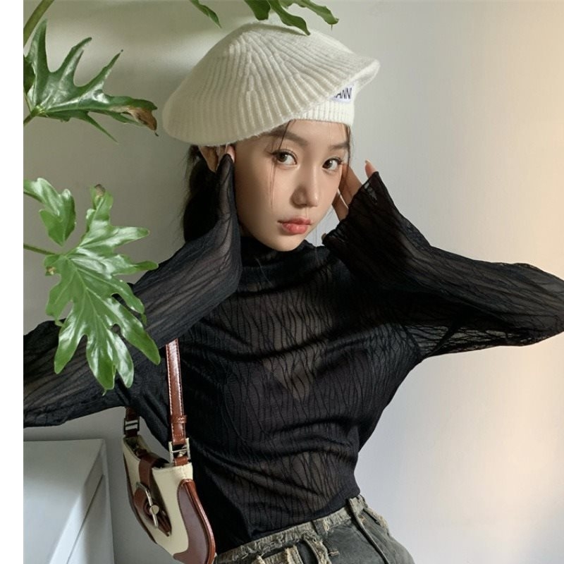 Ženski uski top s dugim rukavima i polustojnim ovratnikom, od spandex materijala