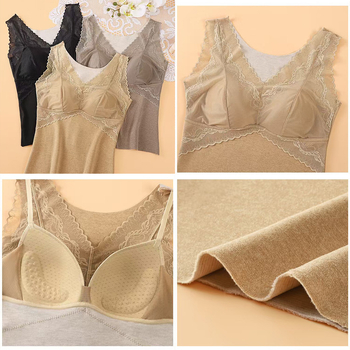 Termička vest s kašmirom i svilenom čipkom, V-izrez, široke naramenice, s ugrađenim grudnjakom i jastučićem