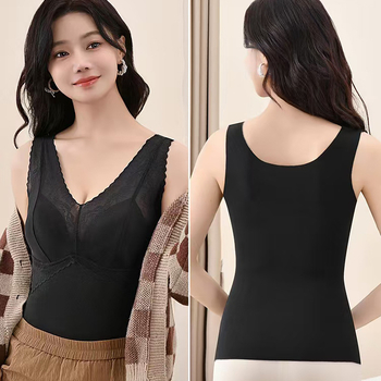 Termička vest s kašmirom i svilenom čipkom, V-izrez, široke naramenice, s ugrađenim grudnjakom i jastučićem