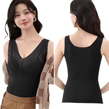 Termička vest s kašmirom i svilenom čipkom, V-izrez, široke naramenice, s ugrađenim grudnjakom i jastučićem