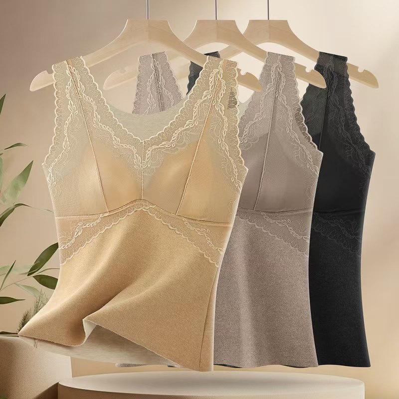 Termička vest s kašmirom i svilenom čipkom, V-izrez, široke naramenice, s ugrađenim grudnjakom i jastučićem