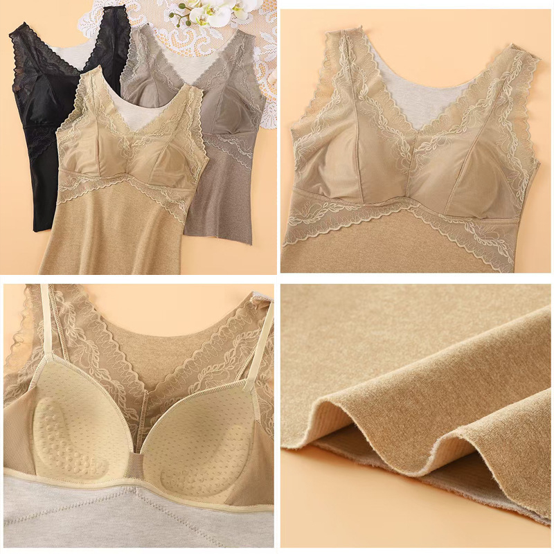 Termička vest s kašmirom i svilenom čipkom, V-izrez, široke naramenice, s ugrađenim grudnjakom i jastučićem