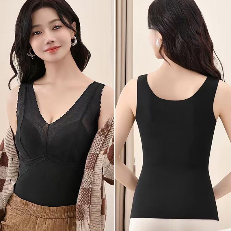 Termička vest s kašmirom i svilenom čipkom, V-izrez, široke naramenice, s ugrađenim grudnjakom i jastučićem