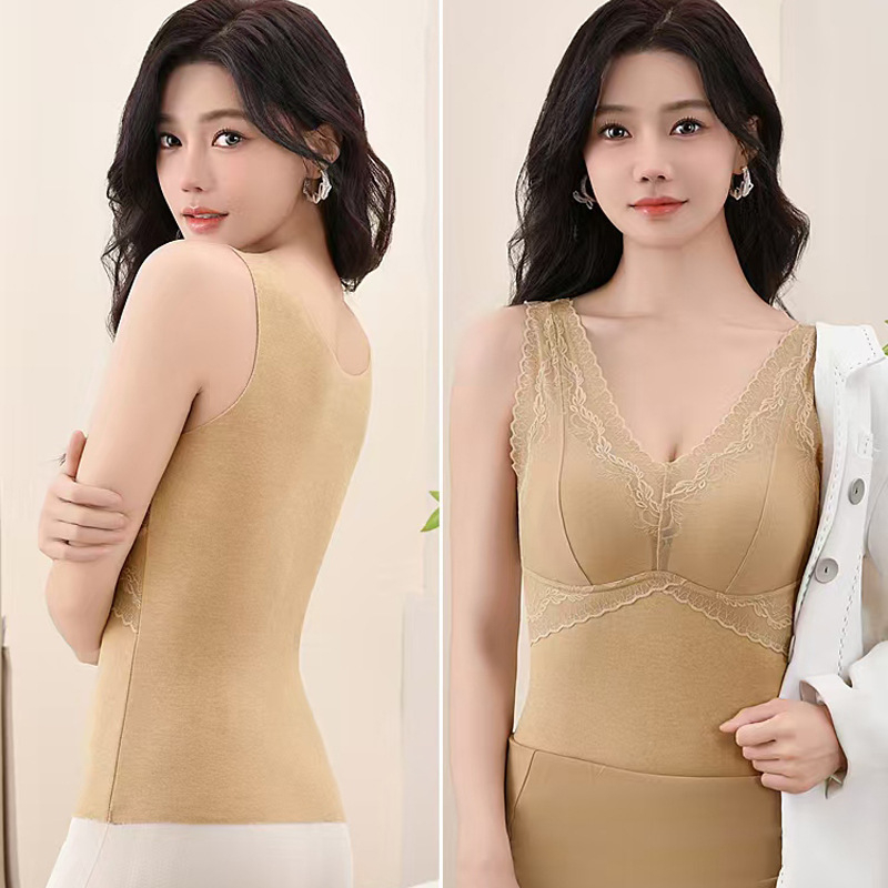 Termička vest s kašmirom i svilenom čipkom, V-izrez, široke naramenice, s ugrađenim grudnjakom i jastučićem