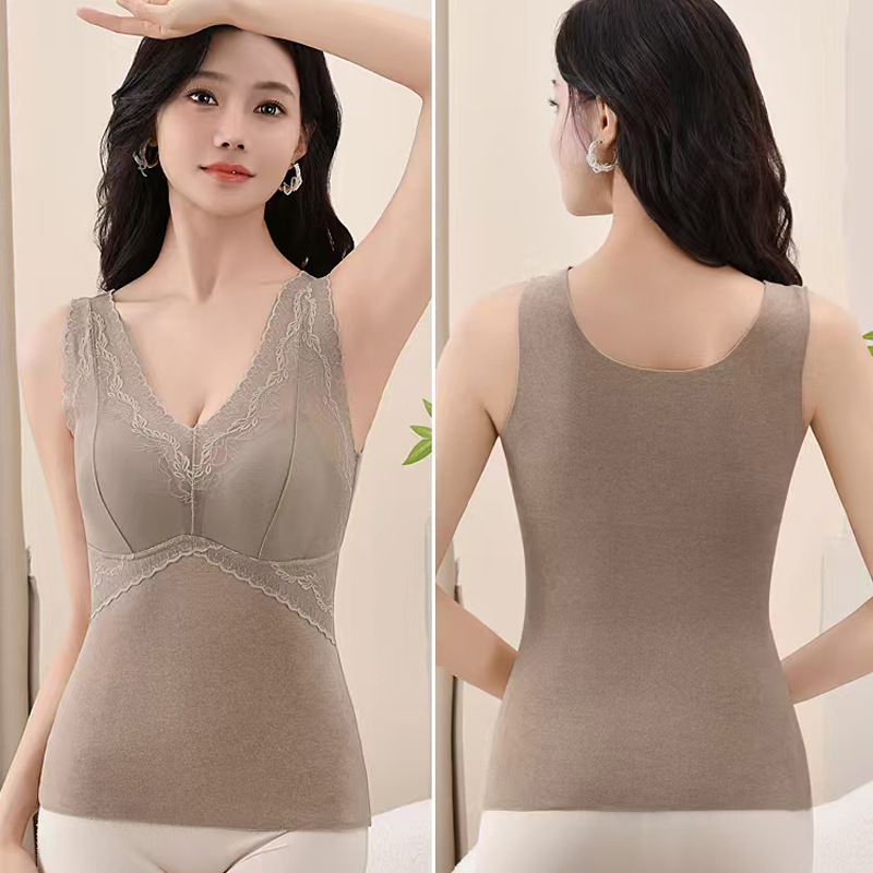 Termička vest s kašmirom i svilenom čipkom, V-izrez, široke naramenice, s ugrađenim grudnjakom i jastučićem