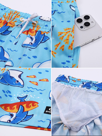 Детски плажни шорти за плуване, бързосъхнещи с вътрешна мрежеста подплата, унисекс; полиестер 95%, подплата 100% полиестер; за плуване и водни спортове