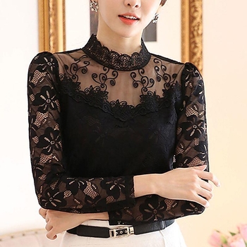 Šifon bluza s čipkastim detaljem i stojećim ovratnikom, dugi rukav, uski kroj, normalna duljina, jesen 2024