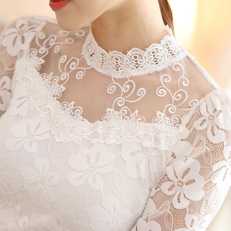 Šifon bluza s čipkastim detaljem i stojećim ovratnikom, dugi rukav, uski kroj, normalna duljina, jesen 2024