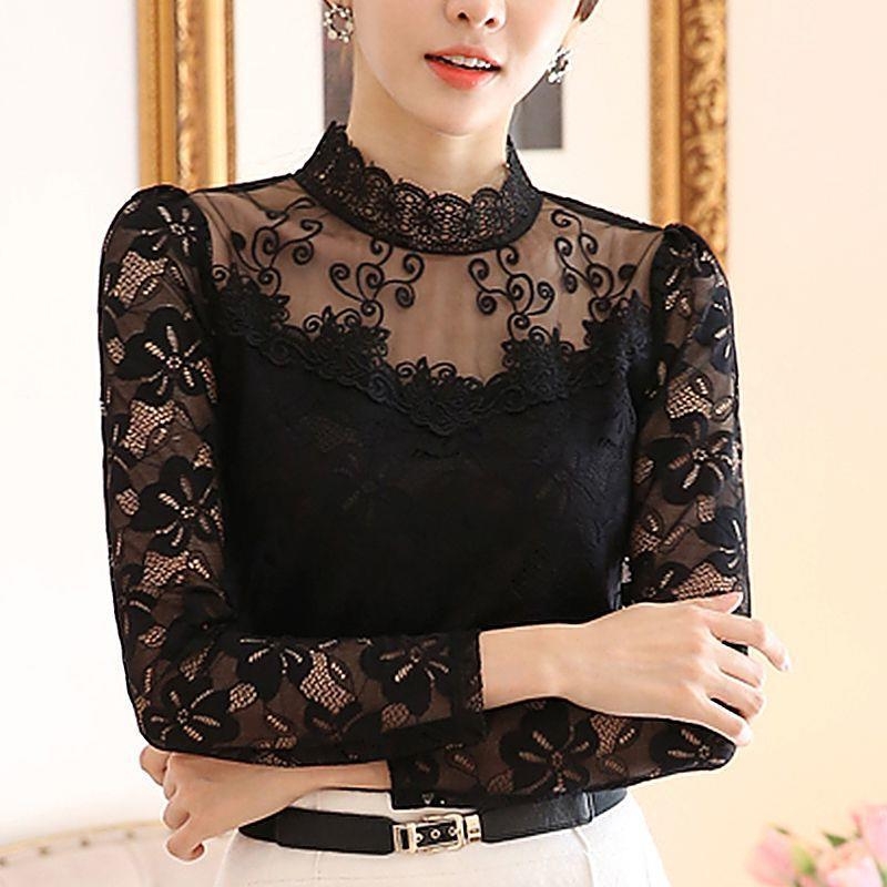 Šifon bluza s čipkastim detaljem i stojećim ovratnikom, dugi rukav, uski kroj, normalna duljina, jesen 2024