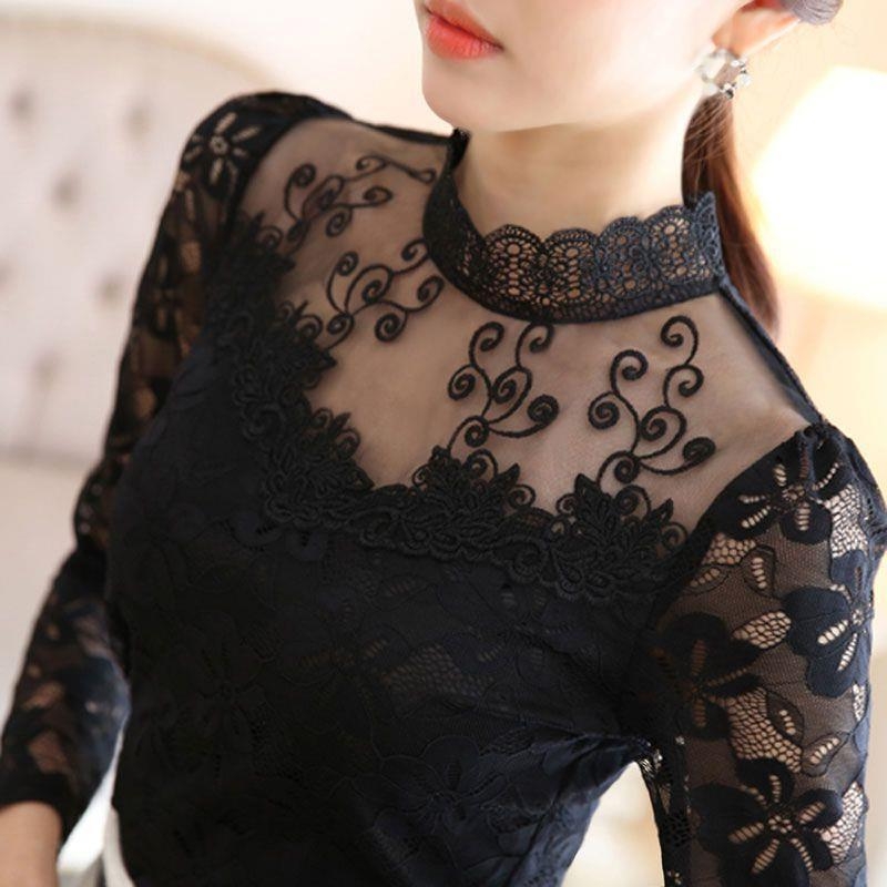 Šifon bluza s čipkastim detaljem i stojećim ovratnikom, dugi rukav, uski kroj, normalna duljina, jesen 2024