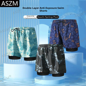 Pantaloni scurți de plajă pentru bărbați cu șnur - căptușire dublă, 95% poliester, elasticitate micro-bounce, previn situații jenante