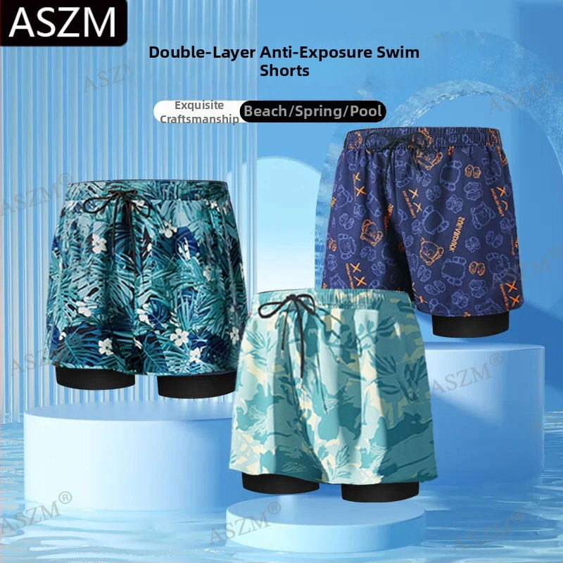 Pantaloni scurți de plajă pentru bărbați cu șnur - căptușire dublă, 95% poliester, elasticitate micro-bounce, previn situații jenante