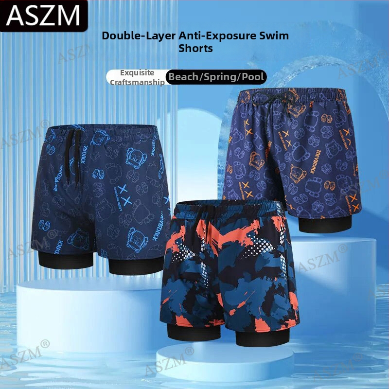 Pantaloni scurți de plajă pentru bărbați cu șnur - căptușire dublă, 95% poliester, elasticitate micro-bounce, previn situații jenante