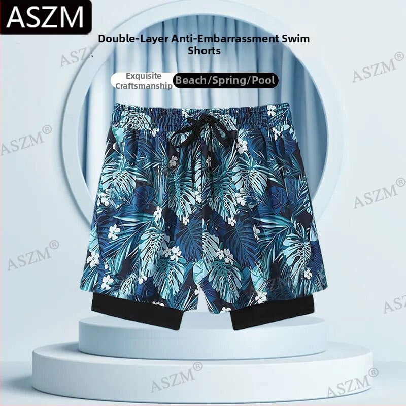 Pantaloni scurți de plajă pentru bărbați cu șnur - căptușire dublă, 95% poliester, elasticitate micro-bounce, previn situații jenante