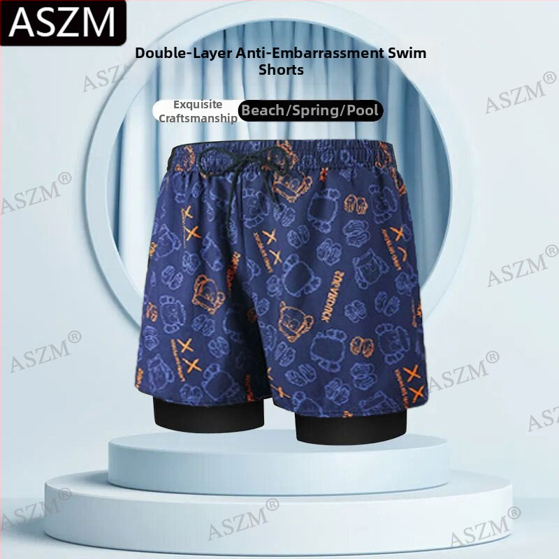 Pantaloni scurți de plajă pentru bărbați cu șnur - căptușire dublă, 95% poliester, elasticitate micro-bounce, previn situații jenante