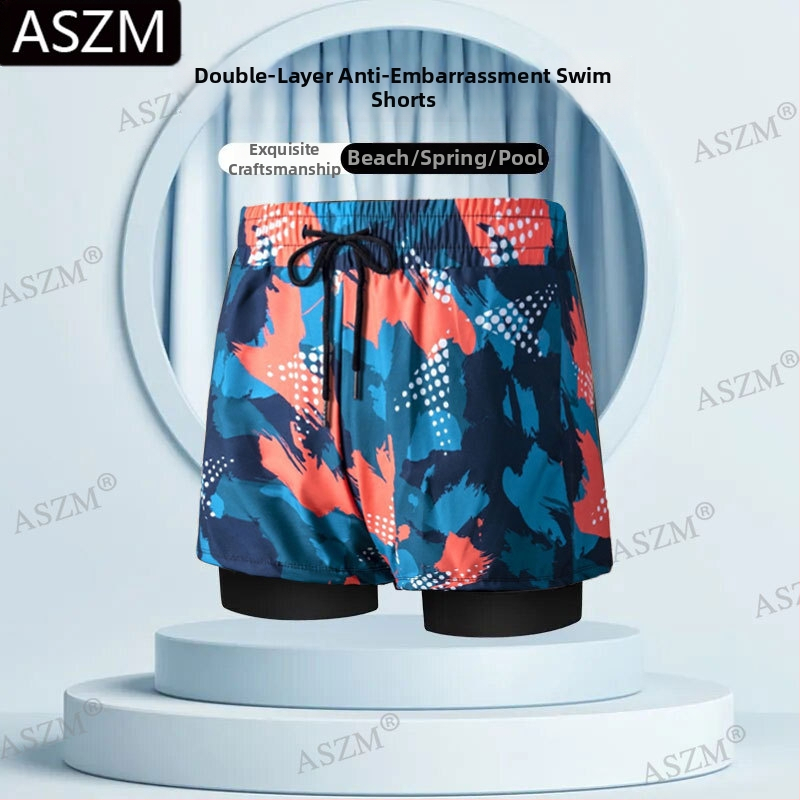 Pantaloni scurți de plajă pentru bărbați cu șnur - căptușire dublă, 95% poliester, elasticitate micro-bounce, previn situații jenante