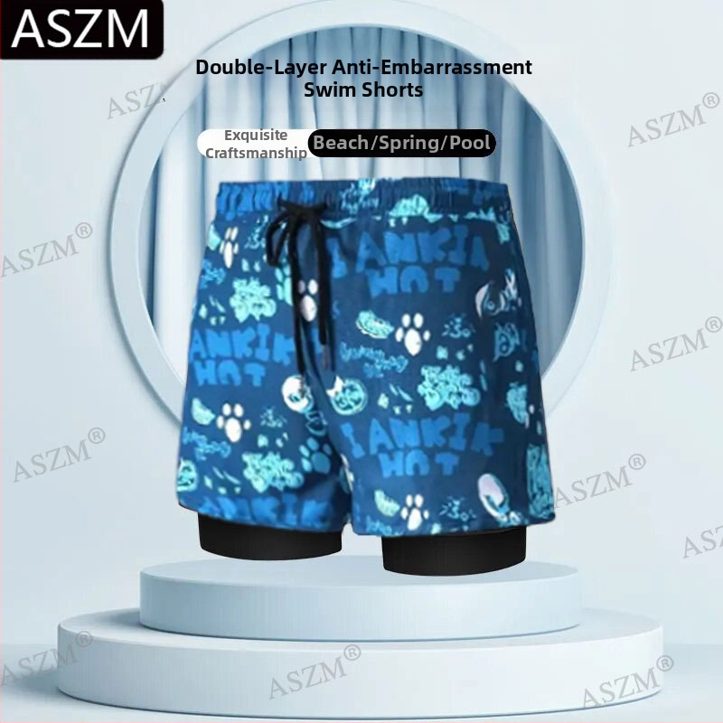 Pantaloni scurți de plajă pentru bărbați cu șnur - căptușire dublă, 95% poliester, elasticitate micro-bounce, previn situații jenante